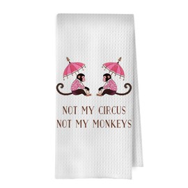 XIVENHAVM Chinoiserie Monkeys Kitchen Towels - Not My Circus Not My Monkeys Decorative Waffle Dish Towels, Monkey Gifts Hand Towel, Pink Tea Towel for Kitchen, 16x24 Inch