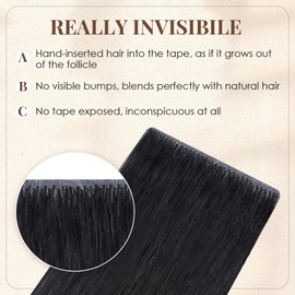 Elailite Tape Extensions Real Hair #1 Black, Pack of 10 Invisible Glue Hair Extensions 25 g, 50 cm Sewn Hair Straight Invisible