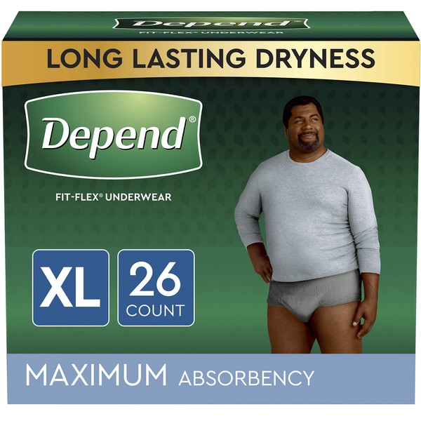 Depend Fit-Flex Adult Incontinence Underwear for Men, Disposable, Maximum Absorbency, X-Large, Grey, 26 Count