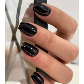 Morily Black Press on Nails Short, Square Shaped Gloosy Fake Stick on Nails for Women in 16 Sizes, 32 Pcs Reusable Full Cover Artificial False Fingernails