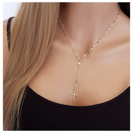 Allereya Vintage Cross Pendant Necklace Crystal Cross Drop Y Necklace Minimalist Religious Necklace Gold Cz Cross Y Lariat Necklace Jewelry for Women and Girls (Gold)