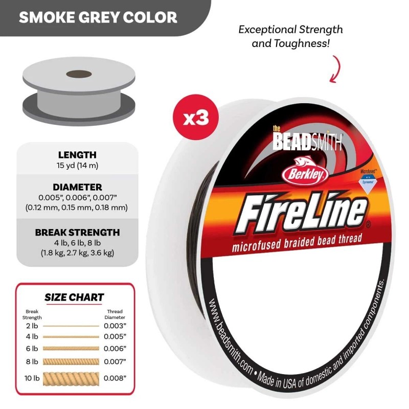 Beadsmith Beading Thread FireLine Smoke FLSGM3PK mini spool pk: 4lb,