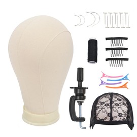 YTBYT 21 Inch Canvas Block Head Set With Mount Hole C Stand for Making Wigs Weave Display and Styling
