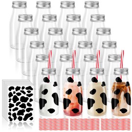 SiliFine 24 Set 7 oz Cow Themed Plastic Bottles with Silver Metal Lids Straws Cow Print Stickers Milk Bottle Reusable Milk Jar Beverage Containers for Baby Shower Birthday Cow Party Favors Supplies