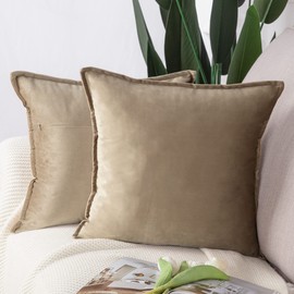 Madizz Pack of 2 Super Soft Velvet Decorative Cushion Covers with Fringe Luxury Style Cushion Case Pillow Shell for Sofa Bedroom Square Light Brown 22x22 inch, 55x55 cm