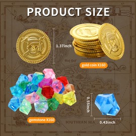 HAOYULUO Pack of 320 pirate treasure, 160 pieces gemstones for children, 160 pieces gold coins children, pirate decoration children's birthday, suitable for children's pirate birthdays and other