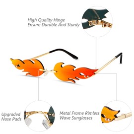2 Pieces Fire Flame Sunglasses Flame Rimless Sunglasses Rimless Wave Glasses Fire Shape Glasses Eyewear for Party (Red and Silver)