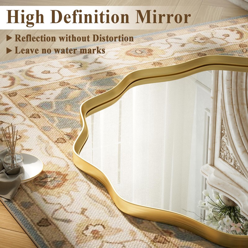 VooBang Gold Scalloped Circle Mirror, 30" Wavy Edge Round Wall