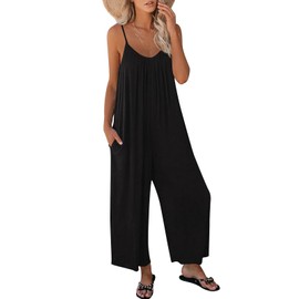 AUTOMET Jumpers for Women Summer Dressy Jumpers Loose Casual Sleeveless Jumpsuits Spaghetti Strap Jumpers Overalls Stretchy Wide Leg Rompers with Pockets Maternity Clothes Fashion 2024 Black L