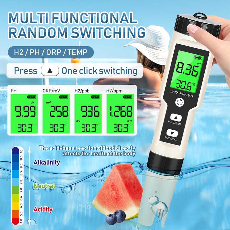Hydrogen Water Tester 4 in 1 PH,H2,ORP&Temp,pH Meter ORP Meter