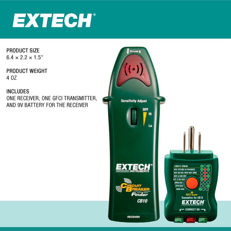 Extech CB10 Circuit Breaker Finder, Locates fuses/Breakers, Tests receptacles and