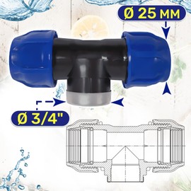 Screw Connection T Piece Diameter 25 mm x 3/4 Inch with Angle 90° and Internal Thread Reinforced with Galvanised Steel Ring Made of Polypropylene PP Fitting for Connecting Polyethylene PE Pipe