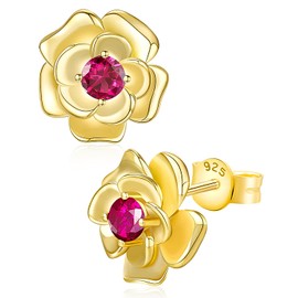 14K Gold Plated July Ruby Rose Stud Earrings, Hypoallergenic with 925 Sterling Silver Posts, Birthstone Jewelry for Women, Dainty Anniversary Birthday Gifts