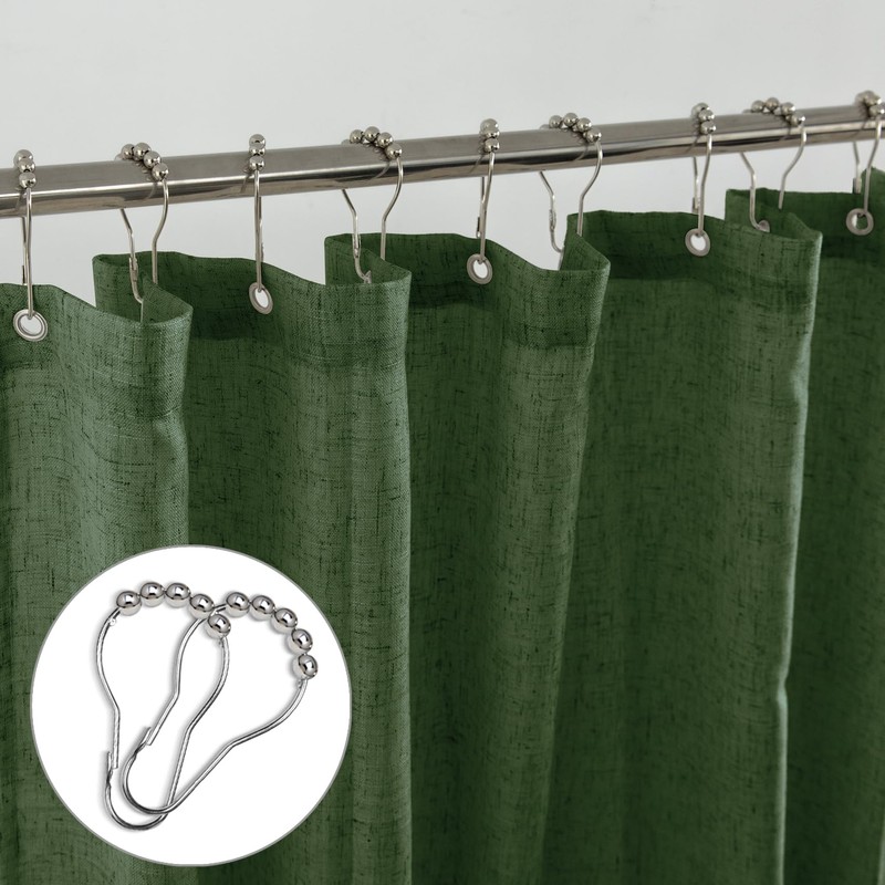 KOUFALL Olive Green Waterproof Linen Fabric Shower Curtain for Bathroom