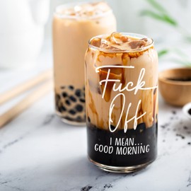 16 oz Iced Coffee Cup with Bamboo Lids and Straws | Mason Jar Cups & Iced Coffee Tumbler with Lid and Straw | Glass Cups for Coffee, Boba Cup | Beer Can Glass & Smoothie Cup - Good Morning