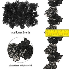 2 Yards Flower Lace Ribbon，UHOMENY Double Lace Floral Trim Ribbon with Pearl Rhinestone Fabric Vintage Flower Lace Trim Floral Applique Lace for Sewing Crafts Wedding Clothes Party Decor (Black)