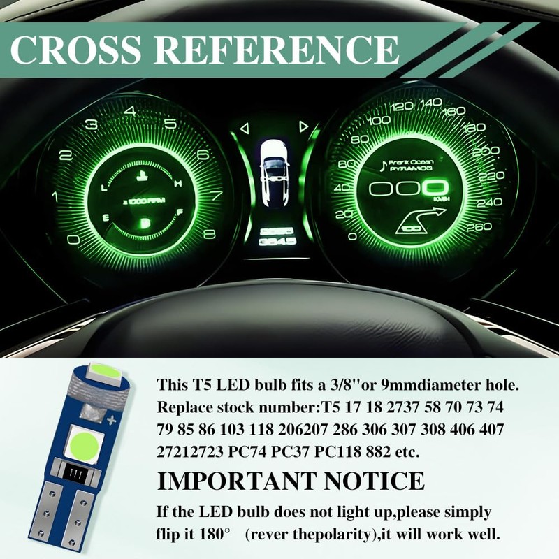 12PCS T5 LED Bulbs, 74 73 37 2721 Instrument Cluster