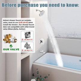 Aolemi Tub Shower Faucet Set With Valve Wall Mount Shower Trim Kit 6 Inch Bathtub Fixtures Rough-in Valve Single-Spray Shower Head System 5.3 Inch Tub Spout Polish Chrome Modern