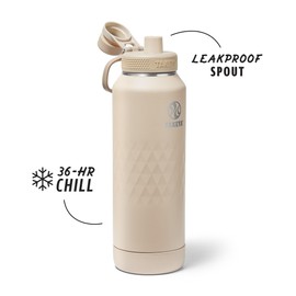 Takeya Sport 40 oz Triple-Insulated Stainless Steel Water Bottle – Leakproof, Sweatproof, BPA-Free, Keeps Drinks Cold 36 Hrs, Hot 14 Hrs – Almond