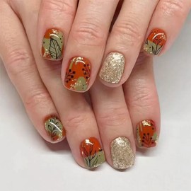 Fall Press on Nails Short Square Fake Nails Gold Glitter Acrylic Nails Press ons Autumn Leaves Design Full Cover Orange Fall False Nail Reusable Thanksgiving Stick on Nail for Women Manicure 24 Pcs