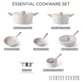 Country Kitchen Non-Stick Cast Aluminum Cookware Set - Durable Kitchen Cookware for Everyday Cooking, Cream Round Handle, 11 Pc.