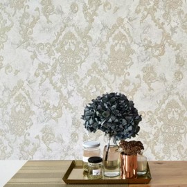 Grayish Ivory Gold Metallic Sparkle Plaster Textured Victorian Damask Wallpaper
