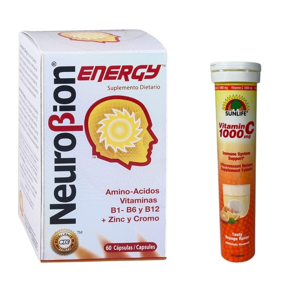 Neurobion Energy Dietary Supplement Amino Acids Vitamin 60 Capsules + Sunlife Vitamin C 1000 mg Orange Flavor Immune System Support 20 Tablets