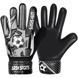 Arsh Sports Soccer Goalie Gloves for Kids,Goalkeeper Gloves for Youth Boys Girls 4MM Latex Palm,Anti Slip,Super Gip Double Wrist Protection (Black-Silver, Size 2 Suitable for 4 to 5 Year Old)