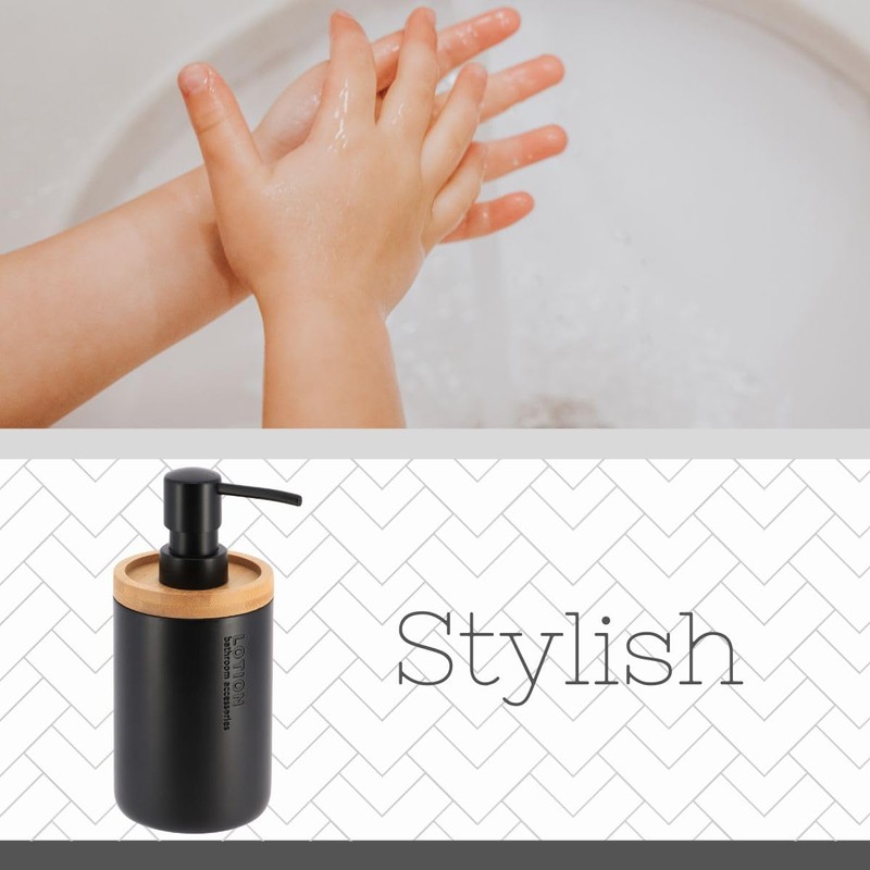 Sleek Matte Black Soap Dispenser with Natural Bamboo Detail -