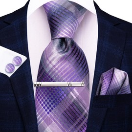 Hi-Tie Classic Mens Silk Ties Set 4 PCS Necktie Pocket Square Cufflinks Clip Pin Solid Strip Paisley Tie,Lilac Purple