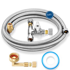 Dishwasher Installation Kit - 8 FT Stainless Steel Braided Dishwasher Hose kit,Food Grade PEX Inner Tube Dishwasher Water Line with 3/8"x3/8"x3/8" Tee Stop Valve,3/8"x3/8"MIP Elbow,3/8"x3/4"FHT Elbow