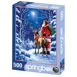 Springbok Starry Night 500 piece Jigsaw Puzzle for Adults features Santa Clause and his reindeer gazing upon the north star on a perfect snowcovered evening
