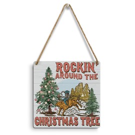 mmiishe Christmas Decor Christmas Party Decorations Wall Art Farmhouse Wall Hanging Decor Cowboy Riding A Wild Bull Wood Sign for Winter Festival Home Xmas Holiday Bedroom Front Door Porch Decor