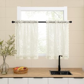 SEEKRIGHT Ivory Lace Cafe Curtains 36 Inch Length Rod Pocket Privacy Sheer Short Kitchen Curtains 2 Panels Set Light Filtering Bathroom Small Window Curtains for RV Basement Laundry Camper, 26x36