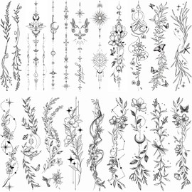 Tatuajes temporales para mujeres y niñas, 24 hojas, ramas, flores, hojas, plantas silvestres, bocetos, pegatinas realistas de tatuajes duraderos, juegos de tatuajes a prueba de agua para brazo,