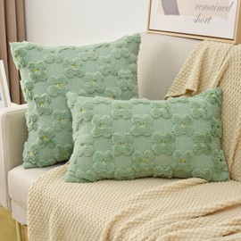 Fycyko Set of 2 Decorative Throw Pillow Covers 30x50 cm Daisy Sun Flower Jacquard Pillowcase 45x45 cm Soft Square Lumbar Cushion Cover for Home Decor Sofa Bedroom Car Couch 12x20 Inch - Pea green