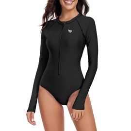 Century Star Long Sleeve Swimsuits for Women Rash Guard UPF 50+ Modest One Piece Surfing Full Coverage Bathing Suit Swimwear, Black, 4-6