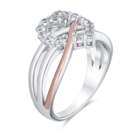 Romantic Two Tone Pave CZ Accent Cubic Zirconia Crossover Intertwined Infinity& Heart Promise Ring For Women Rose Gold Plated .925 Sterling Silver