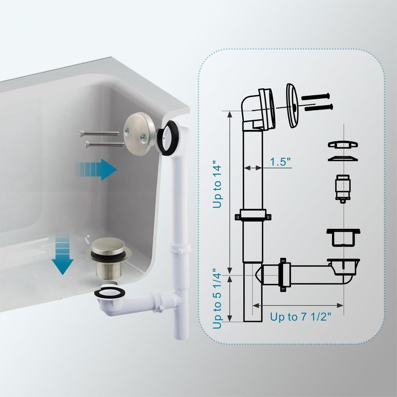 Tubular Bath Tub Drain Kit 1-1/2" with Brushed Tip-Toe Bathtub