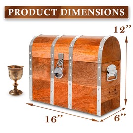 Vizayo Handmade Pirate Treasure Chest with Lock and Keys - 16 x 12 Inch Vintage Wooden Storage Trunk with Hinged Lid - Antique Storage Decorative Box Made of Durable and Strong Mango Wood (Orange)