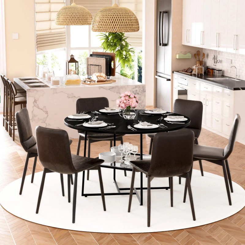 Ustovian 51IN Round Dining Table Black Wooden Chair Metal Frame