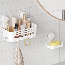 Lifewit Suction Cup Shower Caddy + Soap Dish, Removable 10.8inch Basket and Bar Soap Holder for Inside Shower, NO-Drilling Bathroom Kitchen Organizers and Storage Rack for Shampoo, 3 Set