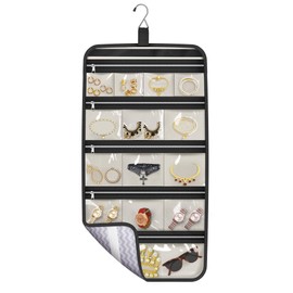 MISSLO Large Hanging Jewelry Organizer Travel Foldable Jewelry Roll Storage Case with 14 Cotton Zippered Pockets for Closet, Traveling, Suitcase