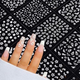 IDDFEVE 30 Sheets White Flower Nail Art Stickers - Floral Imitation Rhinestones Designs Self-Adhesive Nail Decals for DIY Spring Summer Manicure