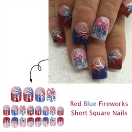 USA 4th of July Press on Nails Short Square Independence Day False Nails with Red Blue Star French Tip Glue on Nail Glossy Patriotic Fake Nail for Women