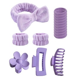 BluOcnMkt 16Pcs Skincare Headhands Wristbands Hair Ties Set for Women Washing Face Hair Claw Clip Spa Makeup Hairband for Women Purple