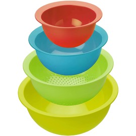 Rotho Caruba Set of 3 Bowls and 1 Strainer, Plastic (PP) BPA-Free, Multi-Colour, (30.0 x 30.0 x 13.0 cm)