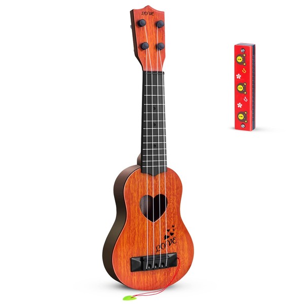 Kids Guitar Musical Toy Ukulele Classical Instrument(Brown),with Extra Harmonica 16 Holes