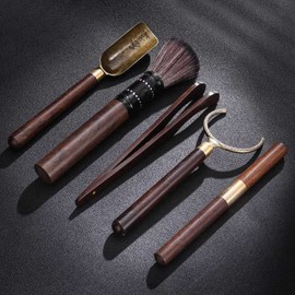 Pedoleco Chinese Tea Utensils Set, Chinese Teaware Rokkunji 5 Piece Set, Tea Spoon, Tea Needle, Tea Sandwich, Cup Fork, Tea Brush, Sandwood and Copper, Tea Ceremony Accessories, Home Use, Tea Supplies