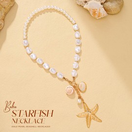 Fashband Boho Starfish Necklace Gold Pearl Seashell Necklaces Pendant Beach Accessories for Women